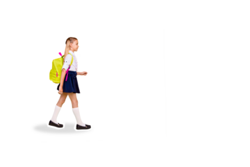 Composite photo collage of happy blonde girl walk school carry backpack supplies preparation education isolated on painted background
