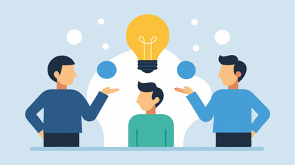 A mentor giving feedback to aspiring entrepreneurs with thought bubbles shaped like light bulbs above both symbolizing idea exchange.