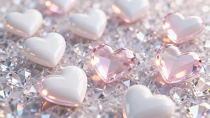 Obraz premium Glossy white and pink hearts on sparkling crystals, Valentine's Day