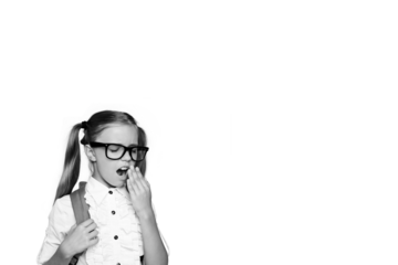 Composite photo collage of cute preteen girl wear glasses school unifrom bored sleepy open mouth yawn isolated on painted background