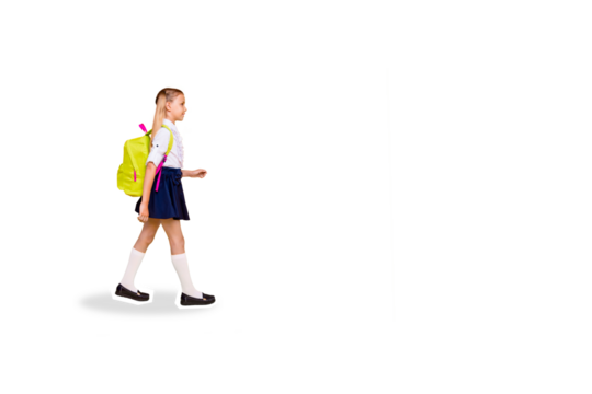 Composite photo collage of happy blonde girl walk school carry backpack supplies preparation education isolated on painted background