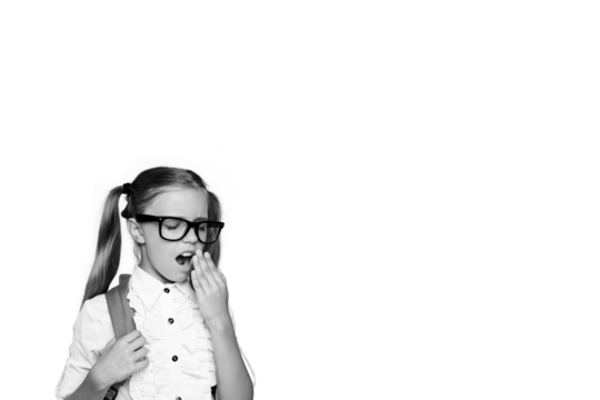 Composite photo collage of cute preteen girl wear glasses school unifrom bored sleepy open mouth yawn isolated on painted background