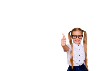 Composite photo collage of happy schoolgirl show hands like thumb up gesture back education study recommend isolated on painted background