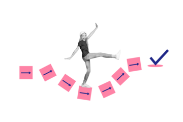 Composite art 3d creative image collage of happy teenage girl walk arrow pointer direction checkmark sign approval to-do task