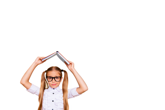 Composite trend artwork sketch collage of vibrant color silhouette school age student little girl hand hold open book protect head roof - Powered by Adobe