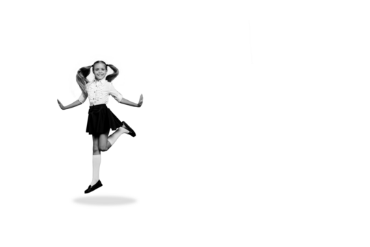 Composite photo collage of happy blonde girl jump school education fun knowledge primary pupil isolated on painted background