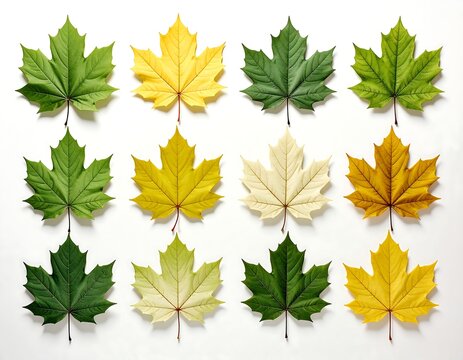 Twelve maple leaves, varying in green & yellow hues, arranged in a grid pattern on a white background, top-down view