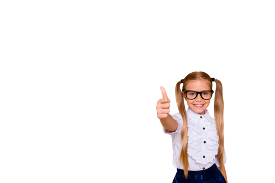 Composite photo collage of happy schoolgirl show hands like thumb up gesture back education study recommend isolated on painted background - Powered by Adobe