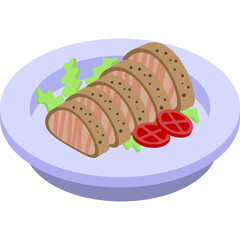 Sliced roasted chicken breast with lettuce and tomato slices served on a light blue plate with a simple cartoon illustration style