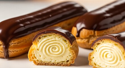 Closeup of delicious chocolate eclairs with creamy filling, isolated on white background, perfect for dessert