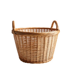 Fototapeta premium Woven round basket with handles, empty, against black background