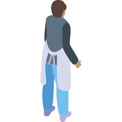 Isometric View Of A Person Wearing A Light Blue Apron Over A Gray Long Sleeve Shirt And Blue Pants Standing On A White Background