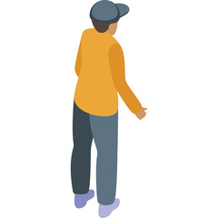 Isometric view of a person wearing an orange long-sleeved shirt a blue baseball cap and grey pants standing against a white background with a slightly raised hand