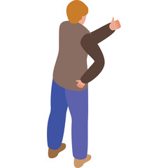 Isometric view of a person with blond hair wearing a brown shirt and blue pants giving a thumbs up gesture on a transparent background