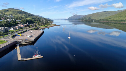 boats at fort william sctoland drone shot