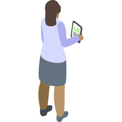 Isometric View Of A Woman In A Light Purple Sweater And Gray Skirt Holding A Tablet With Green Charts And Data On A White Background