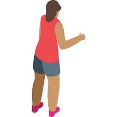 Isometric view of a woman in a pink sleeveless top and blue shorts gesturing with her right arm against a transparent background energetic pose.
