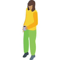 Isometric View Of A Woman Standing Holding A Mug In A Yellow Top And Green Pants With Transparent Background