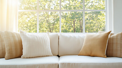 Fototapeta premium Cozy sofa adorned with soft pillows, sunlight streaming through window, creating warm atmosphere