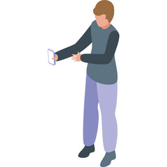 Fototapeta premium Isometric view of a man in a grey long sleeve shirt and light purple pants holding a white smartphone in his right hand in a studio setting with a white background