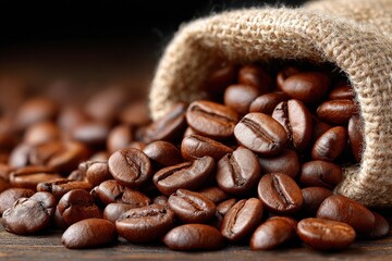 Roasted coffee beans spilling from a burlap sack
