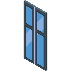 Isometric View Of A Modern Window With Blue Glass Panes Set Against A White Background.
