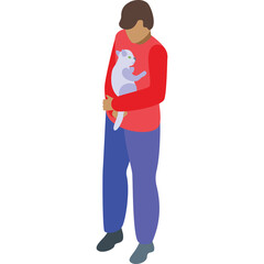 Isometric view of a person aged 35-59 wearing a red long sleeve shirt and blue pants holding a light purple cat with white background and transparent background