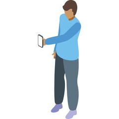 Isometric view of a person aged 38-62 wearing a light blue long sleeve shirt and dark grey pants holding a smartphone with a transparent background in a studio setting