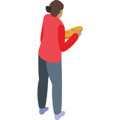 Isometric view of a person holding a baguette in a red long sleeve shirt and blue pants against a transparent background