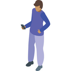 Isometric View Of A Person Standing Holding A Mobile Phone Wearing A Purple Sweater And Light Purple Pants With Dark Shoes Against A White Background