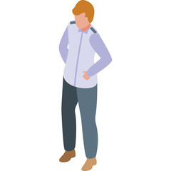 Isometric View Of A Person Standing With Hands On Hips Wearing A Light Blue Collared Shirt And Dark Blue Pants Against A White Background