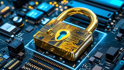 A golden padlock built from circuits and microchips hovers above a motherboard, glowing with electric blue energy. Symbolizes data encryption, digital security, and cyber protection.