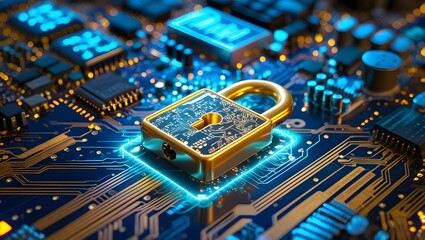 A golden padlock built from circuits and microchips hovers above a motherboard, glowing with electric blue energy. Symbolizes data encryption, digital security, and cyber protection.