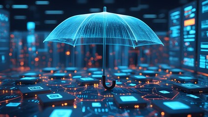 Futuristic 3D concept of a holographic umbrella shielding a glowing network of interconnected devices on a digital surface, symbolizing cybersecurity, internet privacy, and data protection.
