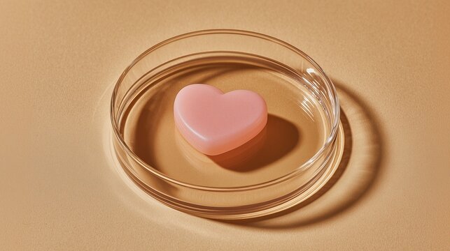 Petri dish with a beautiful pink heart, warm soft background