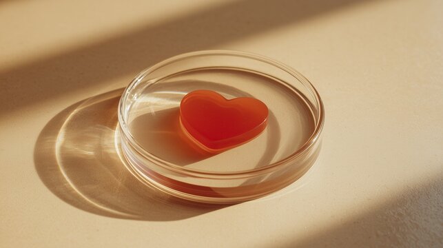 Petri dish with a beautiful red heart, warm soft background