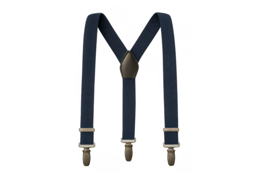 Navy blue suspenders with leather back and metal clips for formal wear and fashion accessory on transparent background