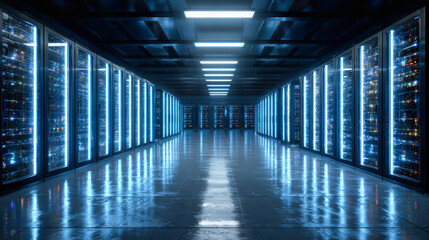 Modern data center with glowing server racks illuminating the storage space