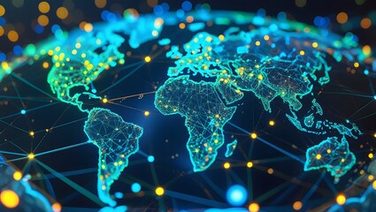 3D visualization of a secure global network with glowing interconnected nodes forming a protective web over Earth, symbolizing encryption, cybersecurity, and global data protection.