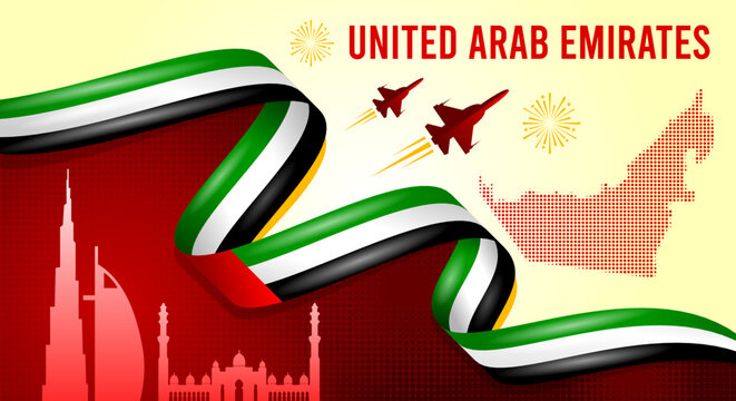 UAE National Day Banner with Flag Ribbon and Landmarks - Powered by Adobe