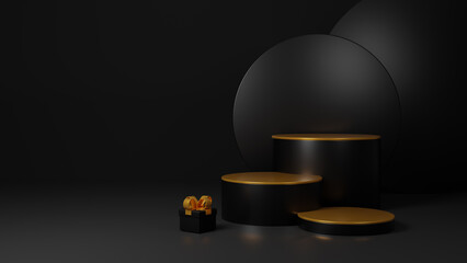 Black Friday sale with a round podium for display of product. Realistic 3d design stage podium, round studio, gift box black. Creative marketing concept. Advertising on social media. 3d rendering