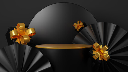 Black Friday sale with a round podium for display of product. Realistic 3d design stage podium, round studio, gift box black. Creative marketing concept. Advertising on social media. 3d rendering