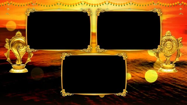 Triple Screen  Three Window Golden Frame Video Template with Sunset Background