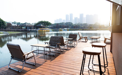 Tables and chairs at the lakeside restaurant