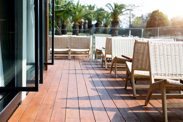 Tables and chairs at the cafe