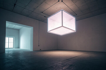 Contemporary art installation featuring a luminous cube suspended in a modern gallery space