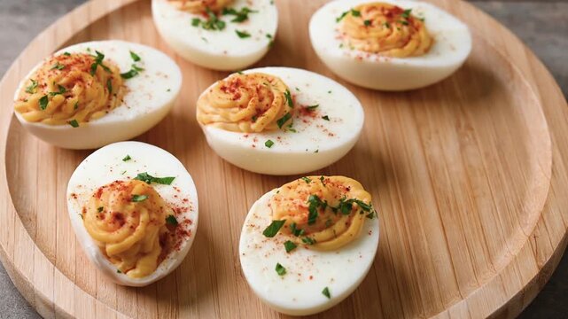 Homemade hard Boiled Deviled Eggs garnished with herbs
