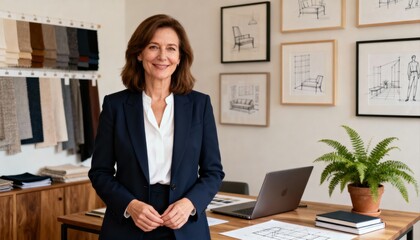 Confident mature businesswoman, interior designer, or architect smiling in her creative office. Successful female entrepreneur and small business owner portrait. Professional decorator.