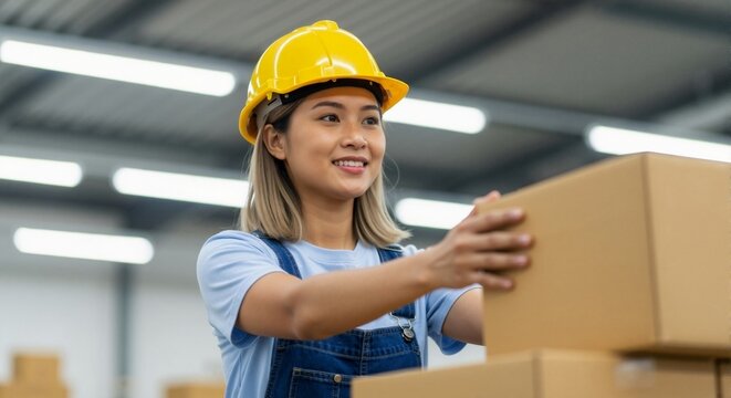 Smiling asian female worker in a yellow hard hat stacking cardboard boxes in a warehouse. Young woman working in a factory on logistics and supply chain management