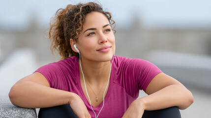 Plus size athlete stretching outdoors in pink top with earphones, pre-run focus and relaxation